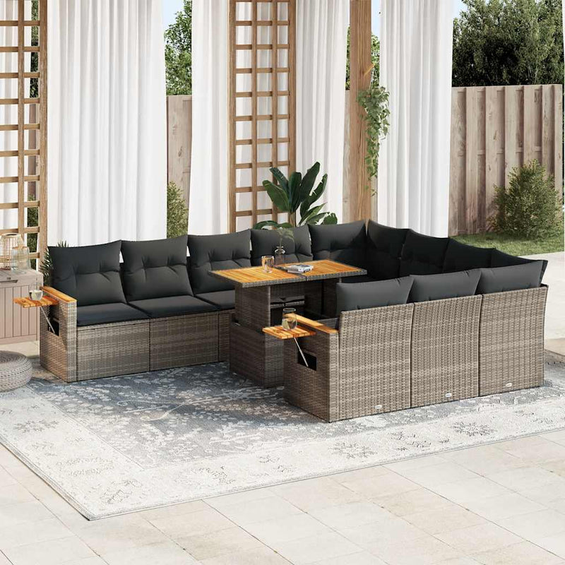 10 Piece Garden Sofa Set with Cushions Grey Poly Rattan Acacia Payday Deals