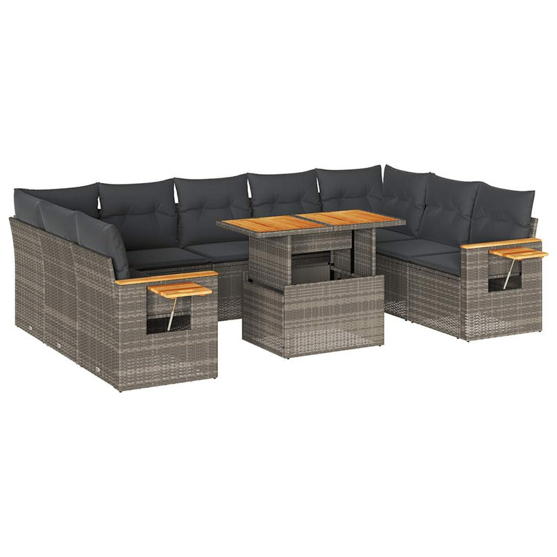 10 Piece Garden Sofa Set with Cushions Grey Poly Rattan Acacia Payday Deals