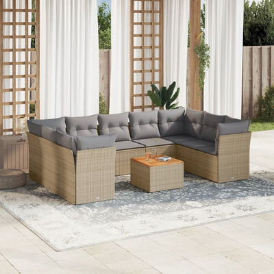 10 Piece Garden Sofa Set with Cushions Mix Beige Poly Rattan