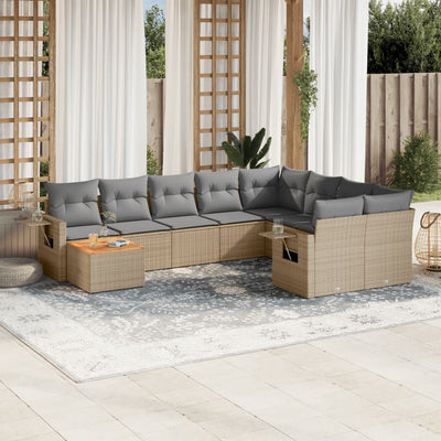 10 Piece Garden Sofa Set with Cushions Mix Beige Poly Rattan