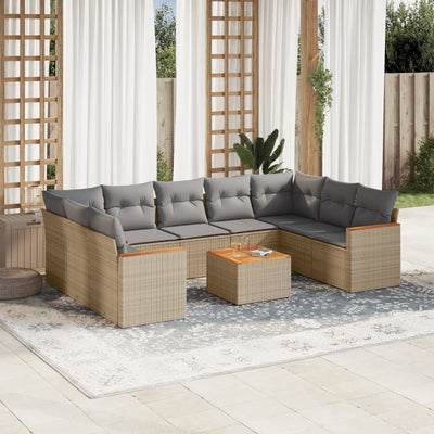 10 Piece Garden Sofa Set with Cushions Mix Beige Poly Rattan