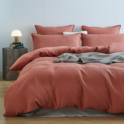 100% Cotton checkered waffle quilt cover set super king size -Terracotta