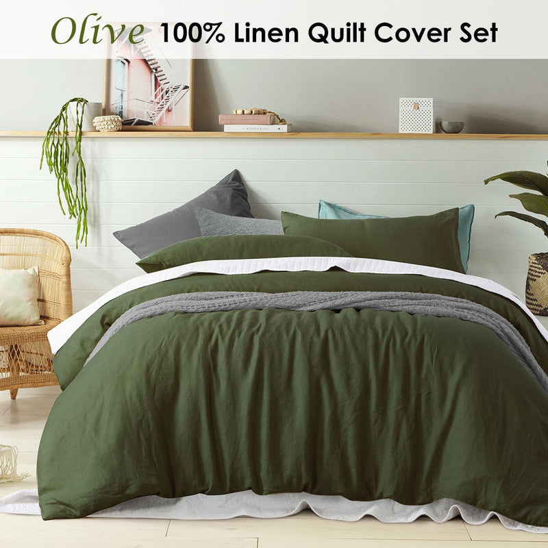 100% Linen Olive Quilt Cover Set King Payday Deals