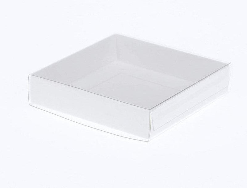 100 Pack of 10cm Square Invitation Coaster Favor Function product Presentation Cookie Biscuit Patisserie Gift Box - 2cm deep - White Card with Clear Slide On PVC Lid Payday Deals