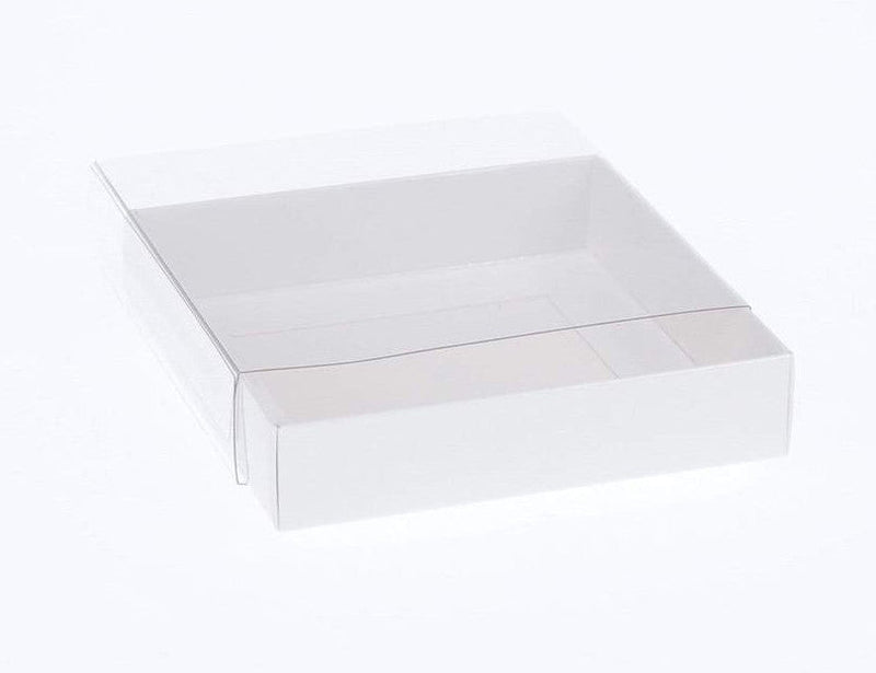 100 Pack of 10cm Square Invitation Coaster Favor Function product Presentation Cookie Biscuit Patisserie Gift Box - 2cm deep - White Card with Clear Slide On PVC Lid Payday Deals