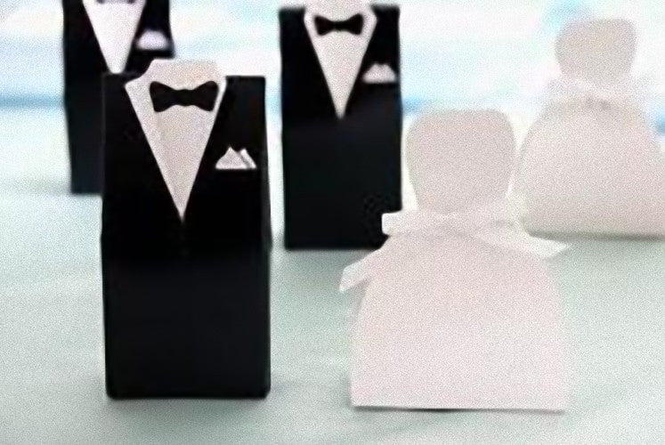 100 Pack of 50 Bride Gown and 50 Groom Tux Wedding Bridal Bomboniere Favor Candy Choc Almond Box - NW Payday Deals