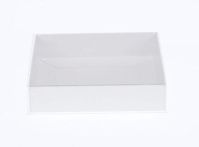 100 Pack of White Card Box - Clear Slide On Lid - 25 x 25 x 6cm - Large Beauty Product Gift Giving Hamper Tray Merch Fashion Cake Sweets Xmas Payday Deals