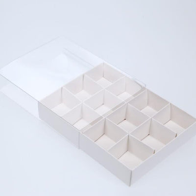 100 Pack of White Card Chocolate Sweet Soap Product Reatail Gift Box - 12 bay 4x4x3cm Compartments  - Clear Slide On Lid - 16x12x3cm Payday Deals