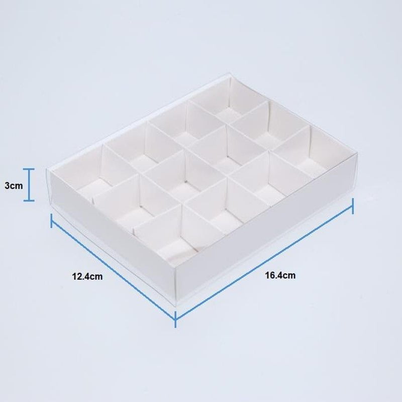 100 Pack of White Card Chocolate Sweet Soap Product Reatail Gift Box - 12 bay 4x4x3cm Compartments  - Clear Slide On Lid - 16x12x3cm Payday Deals