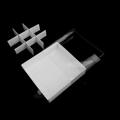 100 Pack of White Card Chocolate Sweet Soap Product Reatail Gift Box - 9 bay 4x4x3cm Compartments  - Clear Slide On Lid - 12x12x3cm Payday Deals