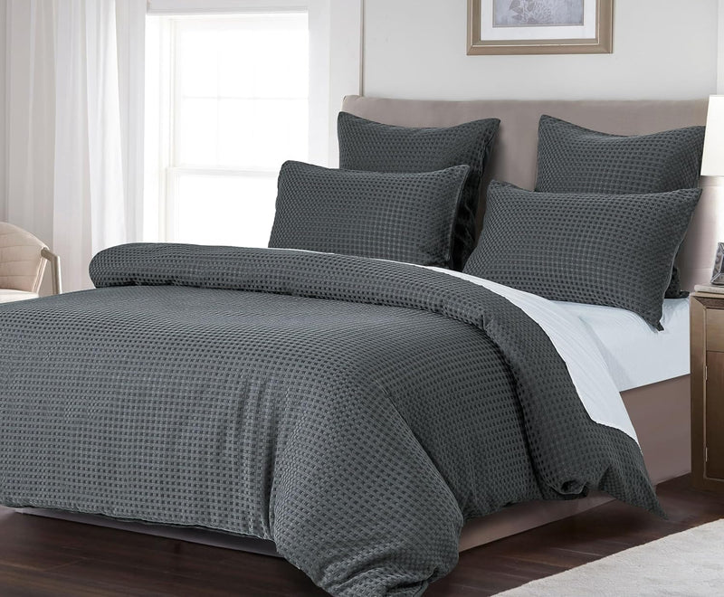 100% Premium Waffle Microfibre Quilt Cover Set (3Pcs) - Dark Grey - King Payday Deals