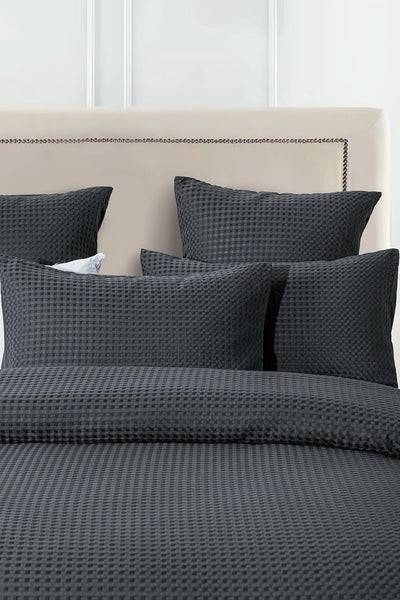 100% Premium Waffle Microfibre Quilt Cover Set (3Pcs) - Dark Grey - King Payday Deals