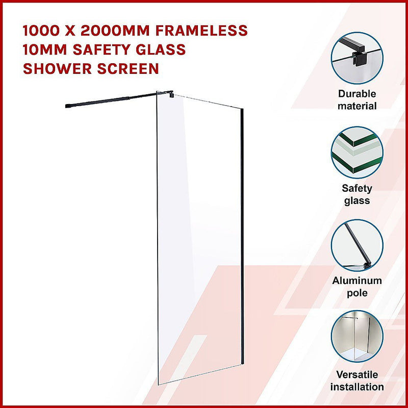 1000 x 2000mm Frameless 10mm Safety Glass Shower Screen Payday Deals