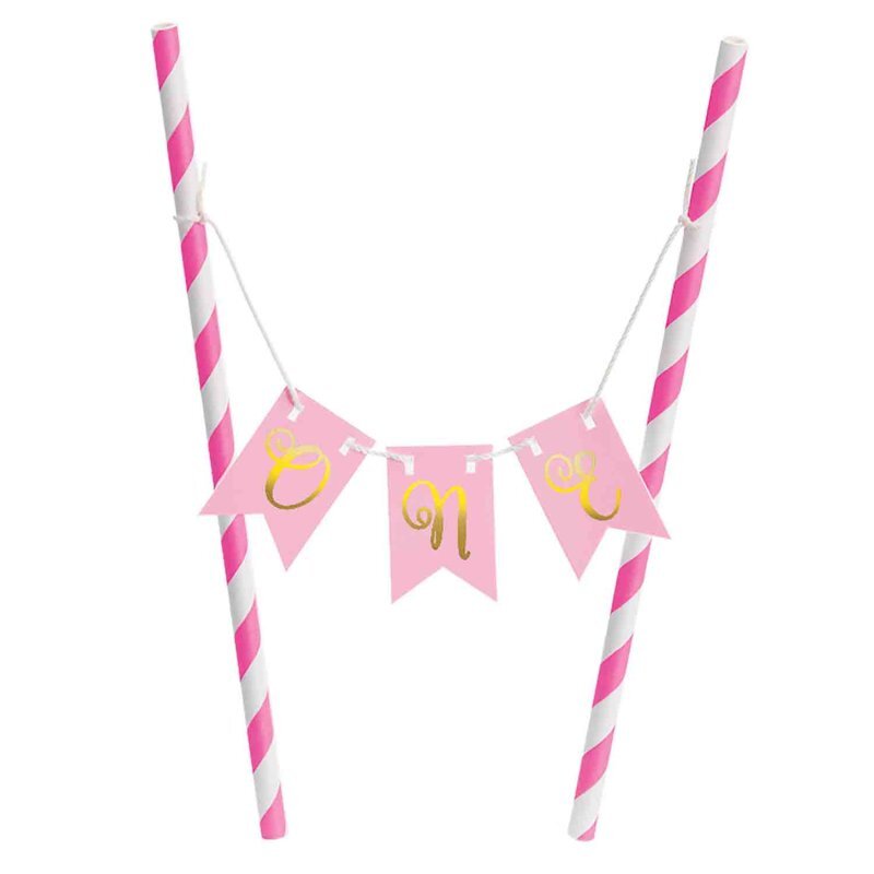 1st Birthday Pink Mini One Pennant Banner Cake Topper & Cake Stand
