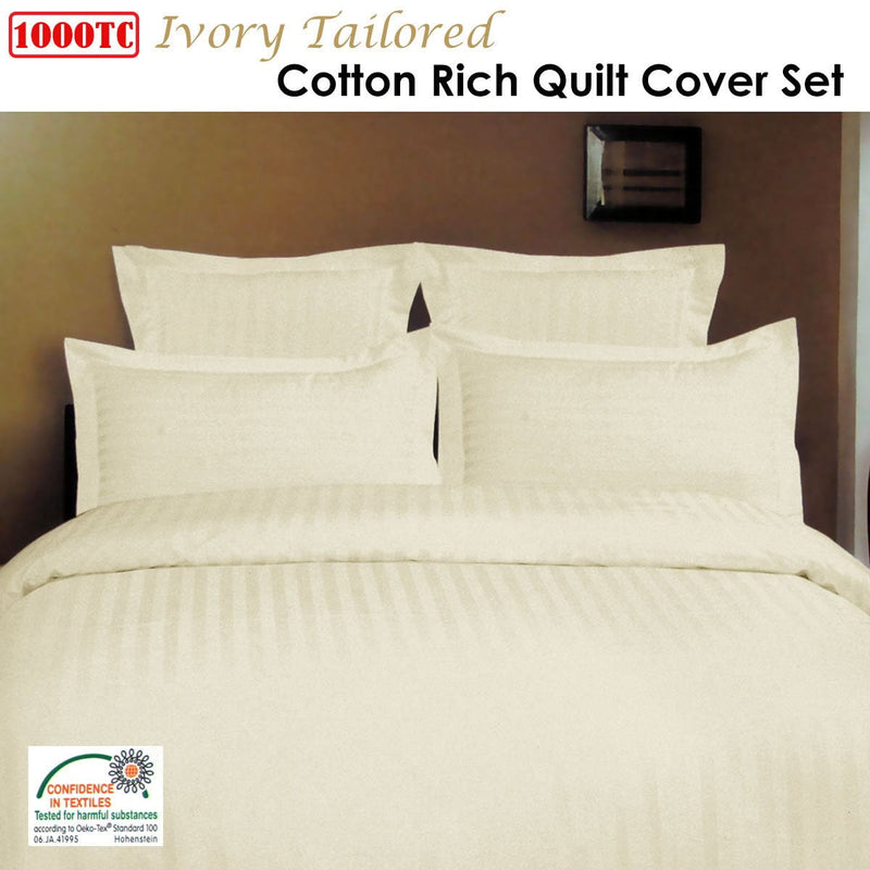 1000TC Self Striped Tailored Quilt Cover Set Ivory King Payday Deals