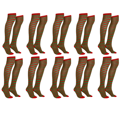 10x Christmas Over The Knee Socks Red Green Xmas Candy Cane Striped Elf Bulk Payday Deals