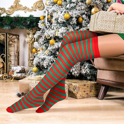 10x Christmas Over The Knee Socks Red Green Xmas Candy Cane Striped Elf Bulk Payday Deals