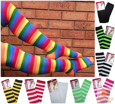 10x OVER THE KNEE SOCKS Plain Striped High Thigh Ladies Long Stocking BULK Price Payday Deals