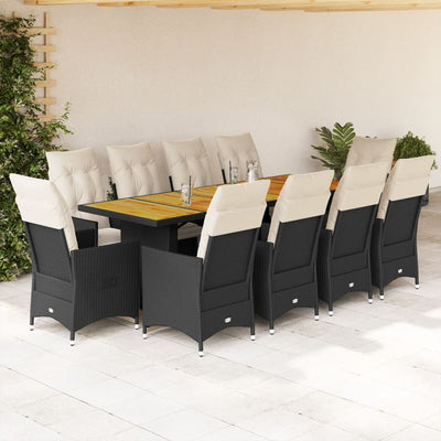 11 Piece Garden Bistro Set with Cushions Black Poly Rattan