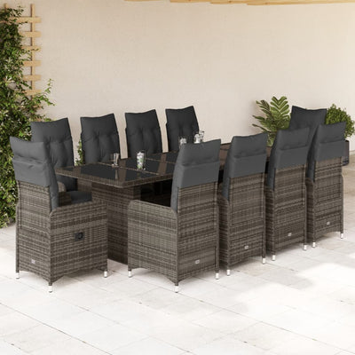 11 Piece Garden Bistro Set with Cushions Grey Poly Rattan