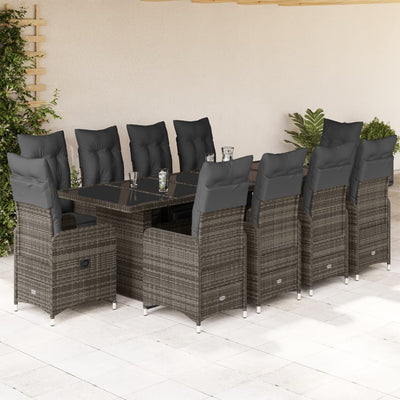 11 Piece Garden Bistro Set with Cushions Grey Poly Rattan