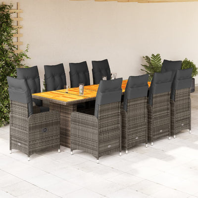 11 Piece Garden Bistro Set with Cushions Grey Poly Rattan