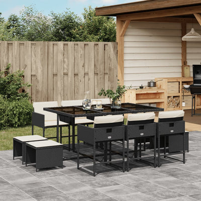 11 Piece Garden Dining Set with Cushions Black Poly Rattan Payday Deals