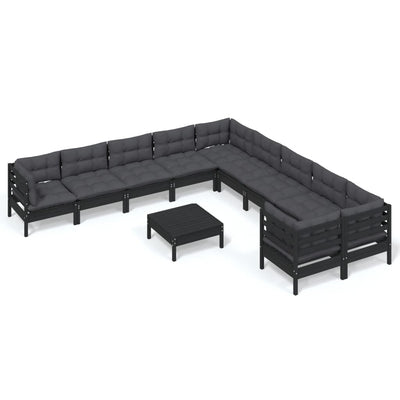 11 Piece Garden Lounge Set with Cushions Black Pinewood Payday Deals