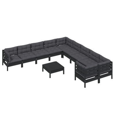 11 Piece Garden Lounge Set with Cushions Black Pinewood Payday Deals