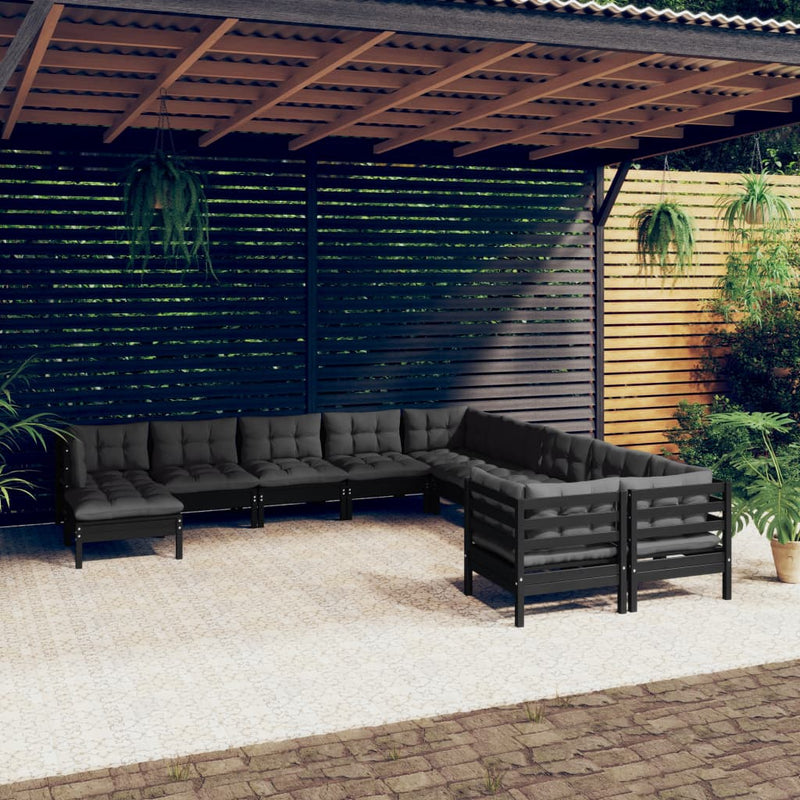 11 Piece Garden Lounge Set with Cushions Black Pinewood Payday Deals
