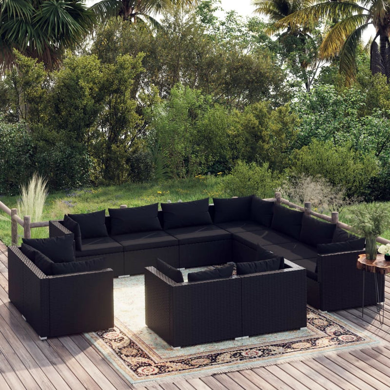 11 Piece Garden Lounge Set with Cushions Black Poly Rattan Payday Deals