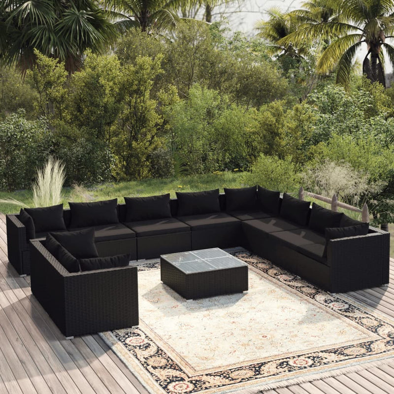 11 Piece Garden Lounge Set with Cushions Black Poly Rattan Payday Deals