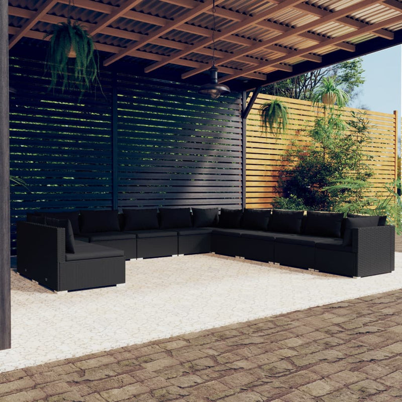 11 Piece Garden Lounge Set with Cushions Black Poly Rattan Payday Deals