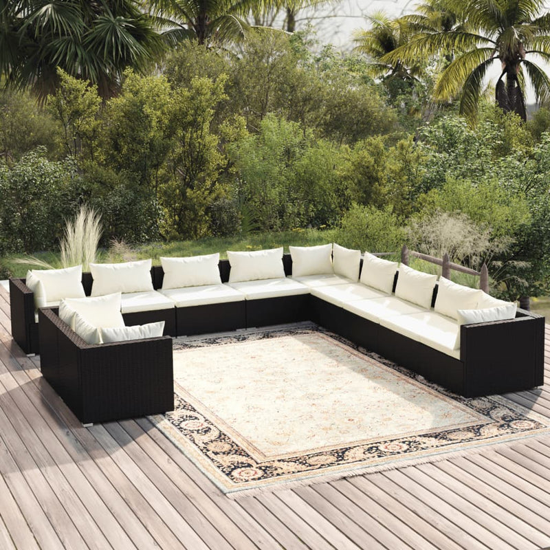 11 Piece Garden Lounge Set with Cushions Black Poly Rattan Payday Deals