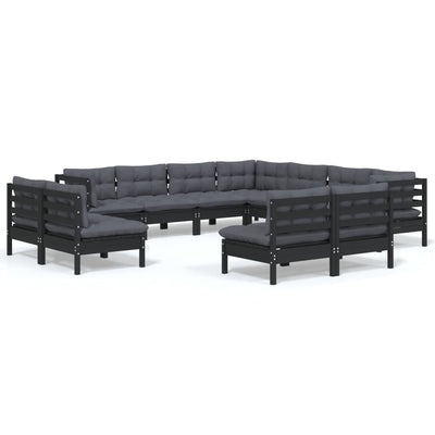 11 Piece Garden Lounge Set with Cushions Black Solid Pinewood Payday Deals