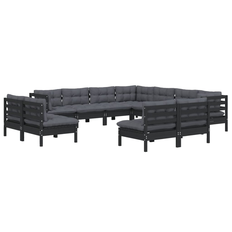 11 Piece Garden Lounge Set with Cushions Black Solid Pinewood Payday Deals