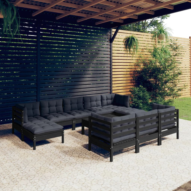 11 Piece Garden Lounge Set with Cushions Black Solid Pinewood Payday Deals