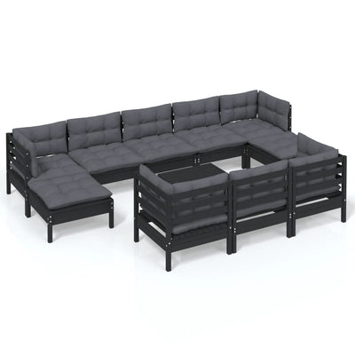11 Piece Garden Lounge Set with Cushions Black Solid Pinewood Payday Deals