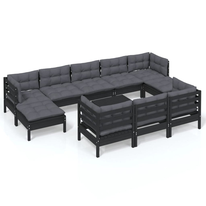 11 Piece Garden Lounge Set with Cushions Black Solid Pinewood Payday Deals