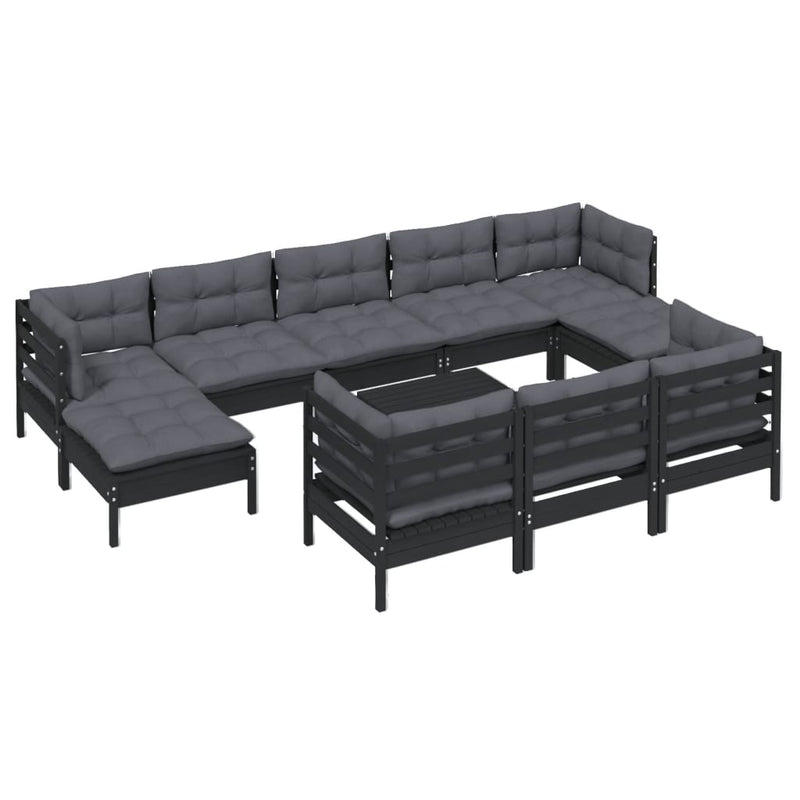 11 Piece Garden Lounge Set with Cushions Black Solid Pinewood Payday Deals