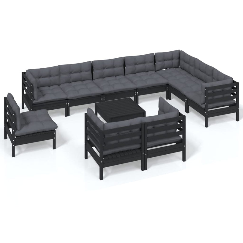 11 Piece Garden Lounge Set with Cushions Black Solid Pinewood Payday Deals