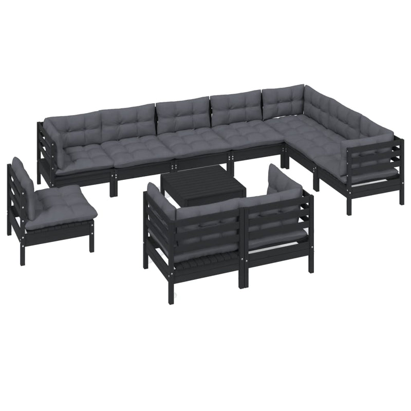 11 Piece Garden Lounge Set with Cushions Black Solid Pinewood Payday Deals