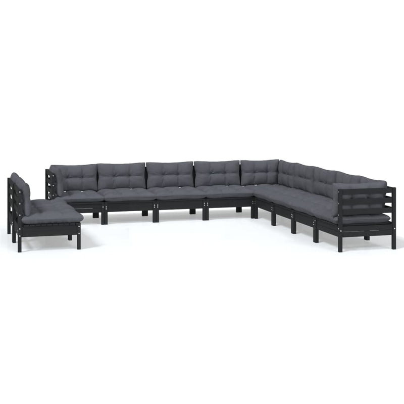 11 Piece Garden Lounge Set with Cushions Black Solid Pinewood Payday Deals