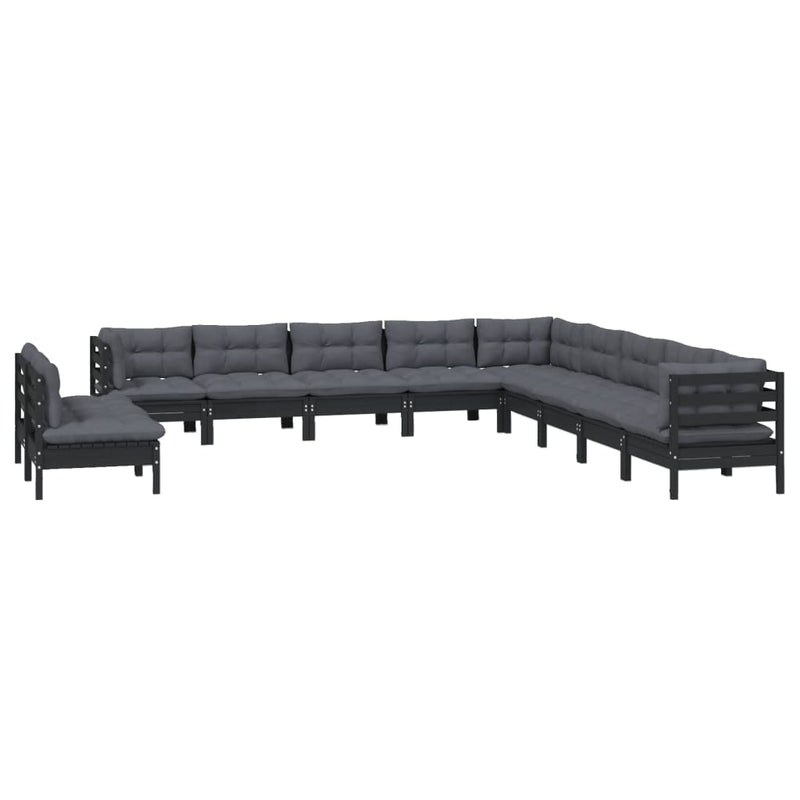 11 Piece Garden Lounge Set with Cushions Black Solid Pinewood Payday Deals