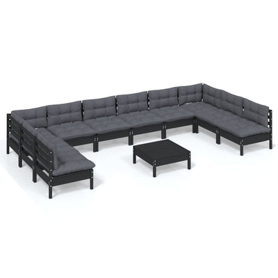 11 Piece Garden Lounge Set with Cushions Black Solid Pinewood Payday Deals