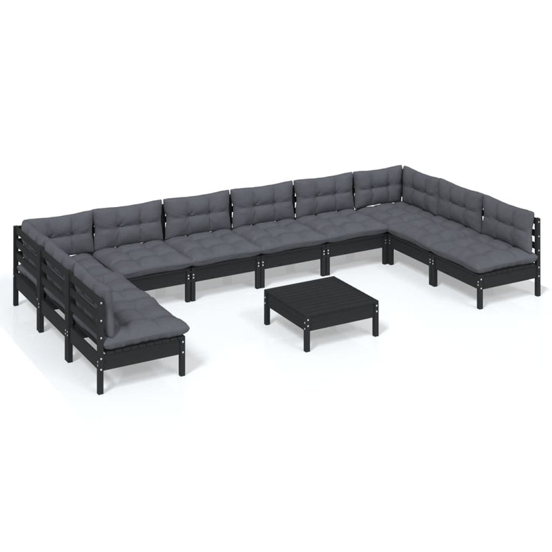 11 Piece Garden Lounge Set with Cushions Black Solid Pinewood Payday Deals