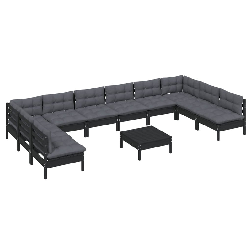 11 Piece Garden Lounge Set with Cushions Black Solid Pinewood Payday Deals