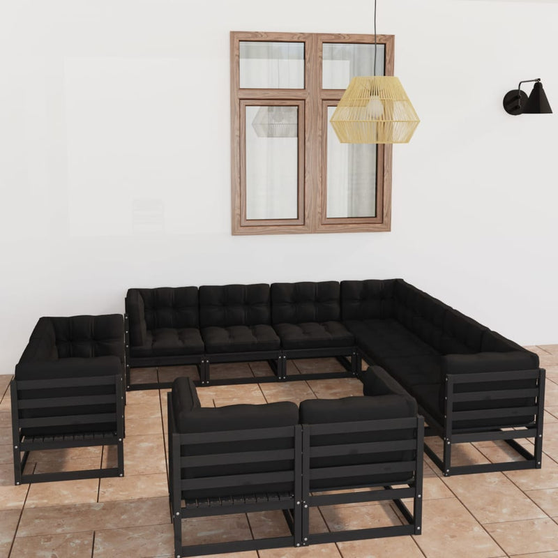 11 Piece Garden Lounge Set with Cushions Black Solid Pinewood Payday Deals