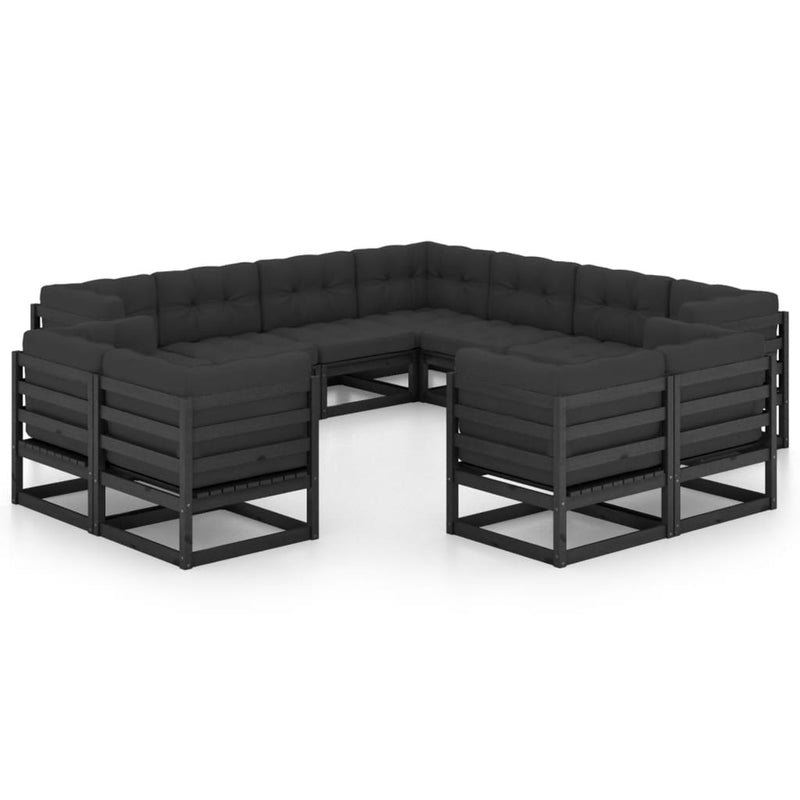 11 Piece Garden Lounge Set with Cushions Black Solid Pinewood Payday Deals