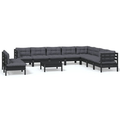 11 Piece Garden Lounge Set with Cushions Black Solid Pinewood Payday Deals